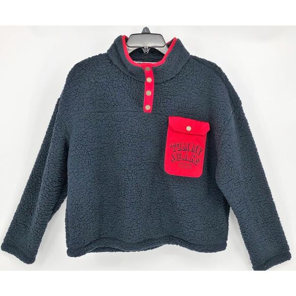 Tommy Hilfiger Womens Sherpa Jacket Large Navy Blue Pullover 1/4 Snap NWT - Picture 2 of 10